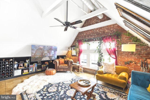 living room with brick wall and lofted ceiling