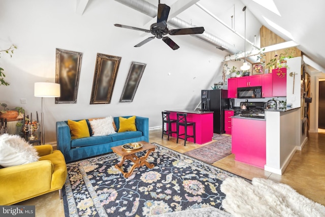 living room featuring high vaulted ceiling and ceiling fan