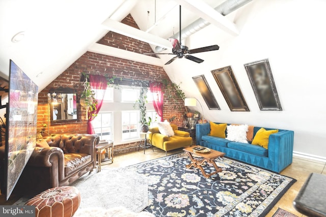 living room with ceiling fan, brick wall, and high vaulted ceiling