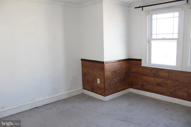 unfurnished room with a wainscoted wall, wood walls, carpet floors, and ornamental molding