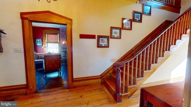 stairs with hardwood / wood-style flooring