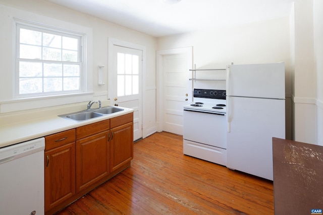 kitchen with sink, white appliances, and light hardwood / wood-style floors