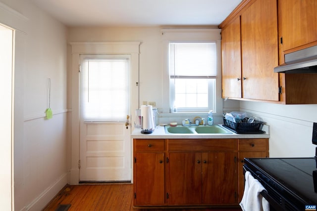 kitchen with electric stove, sink, and light hardwood / wood-style flooring