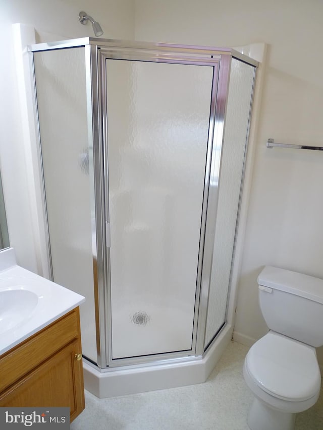 bathroom featuring toilet, a shower stall, and vanity