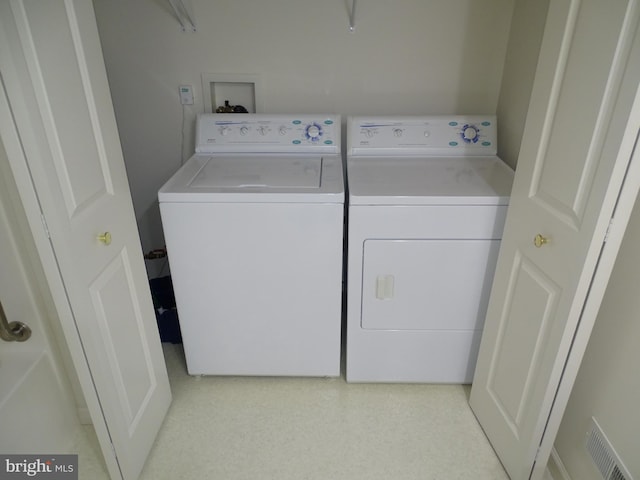 washroom featuring laundry area, washer and clothes dryer, and visible vents