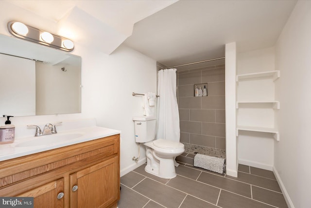 bathroom featuring vanity, toilet, tile patterned flooring, and a shower with shower curtain