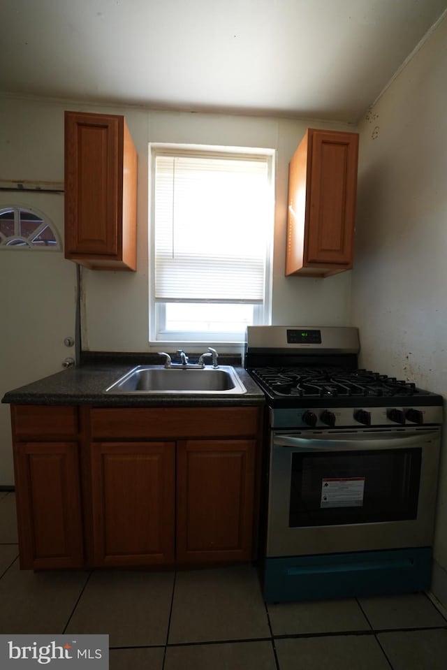 kitchen with stainless steel range with gas stovetop, sink, and light tile patterned floors