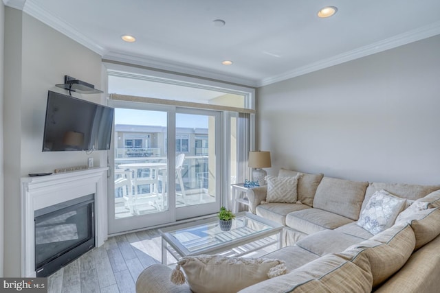 living room with crown molding and light hardwood / wood-style flooring