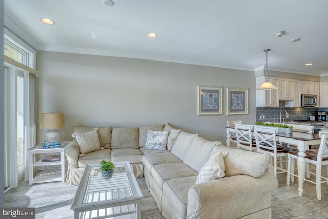 living room with crown molding and light hardwood / wood-style flooring