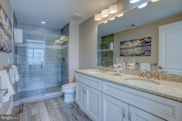 bathroom featuring vanity, toilet, and a shower with door