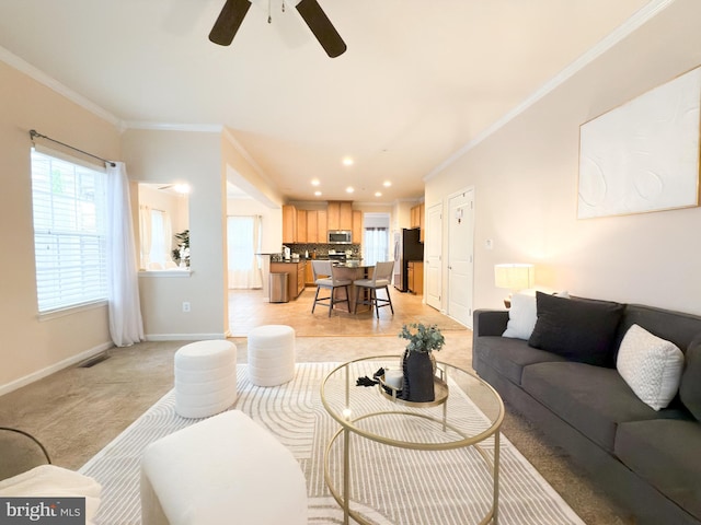 carpeted living room featuring crown molding and ceiling fan