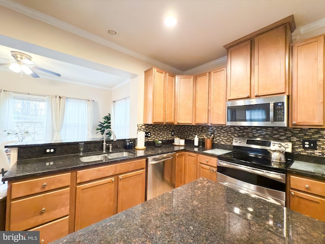 kitchen featuring appliances with stainless steel finishes, tasteful backsplash, sink, dark stone counters, and ornamental molding