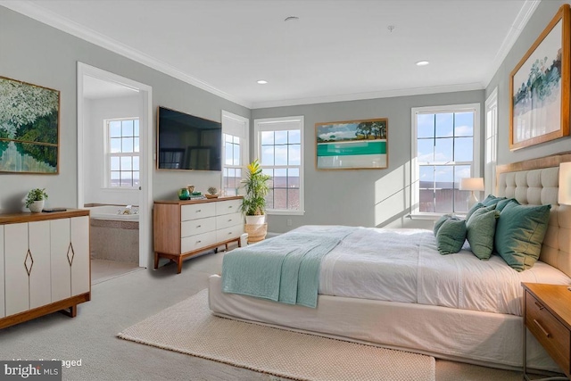 bedroom featuring crown molding, light carpet, and multiple windows