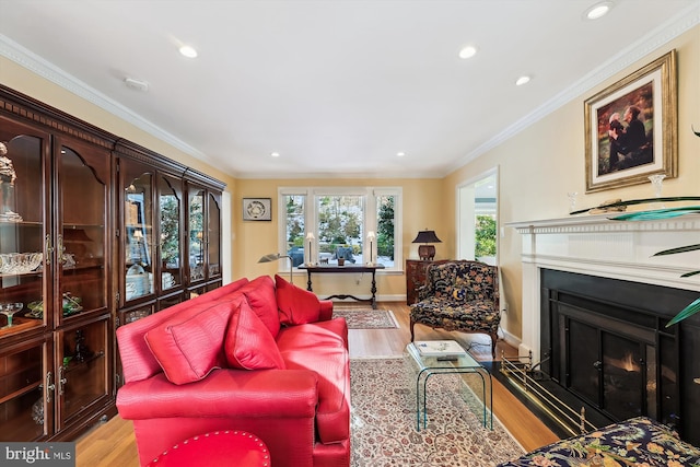 living room featuring light hardwood / wood-style flooring and ornamental molding