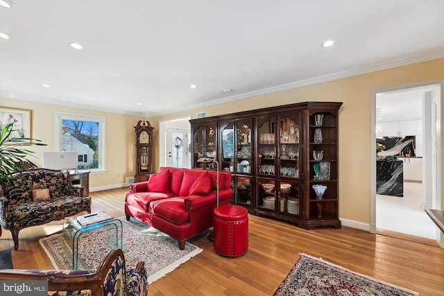 living room featuring light hardwood / wood-style flooring and ornamental molding