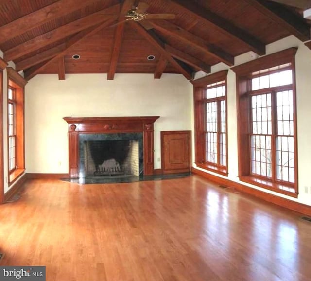 unfurnished living room featuring hardwood / wood-style floors, a high end fireplace, wooden ceiling, and lofted ceiling with beams