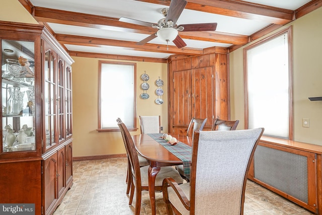 dining space featuring a wealth of natural light, radiator heating unit, ceiling fan, and beam ceiling