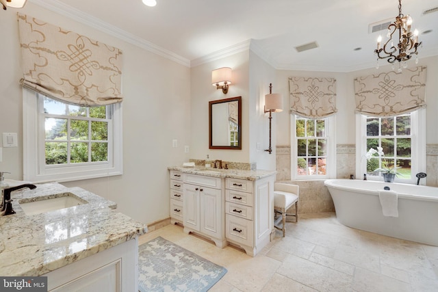 bathroom with crown molding, vanity, a bathtub, and tile walls