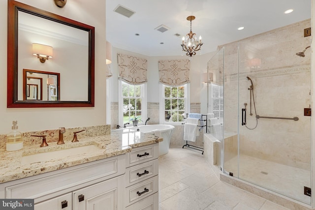 bathroom featuring shower with separate bathtub, tile walls, a chandelier, ornamental molding, and vanity