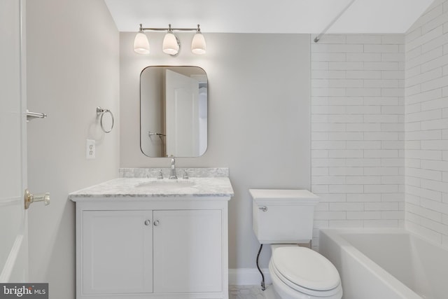 full bath with toilet, shower / bath combination, baseboards, and vanity