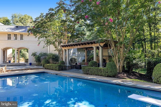 view of swimming pool with a patio and a diving board