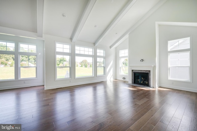 unfurnished living room featuring a premium fireplace, high vaulted ceiling, dark wood-type flooring, and beam ceiling