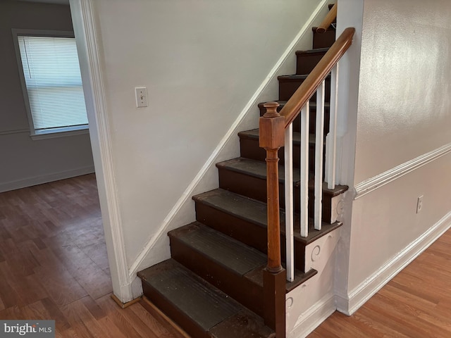 stairway with hardwood / wood-style floors