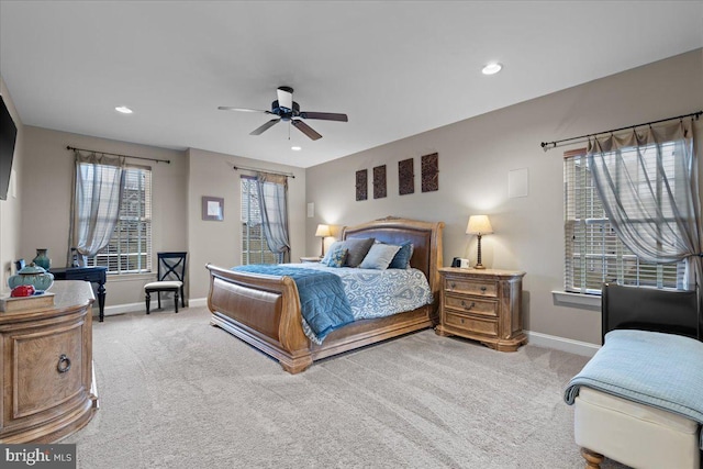 bedroom with recessed lighting, baseboards, ceiling fan, and light colored carpet