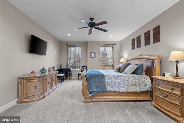 bedroom featuring carpet floors, recessed lighting, ceiling fan, and baseboards