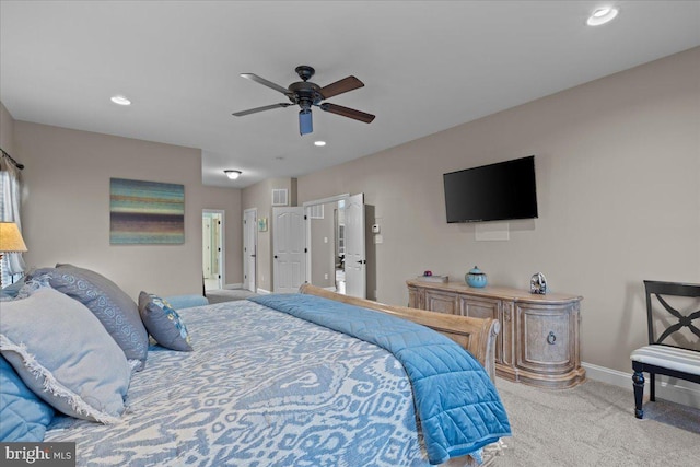 bedroom featuring a ceiling fan, recessed lighting, carpet flooring, and baseboards