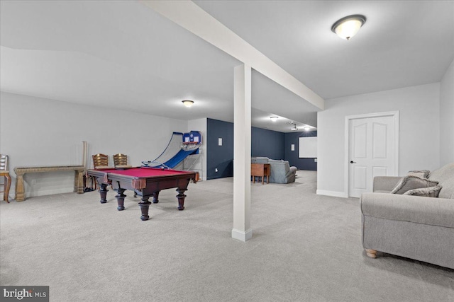 rec room featuring pool table, carpet flooring, and baseboards