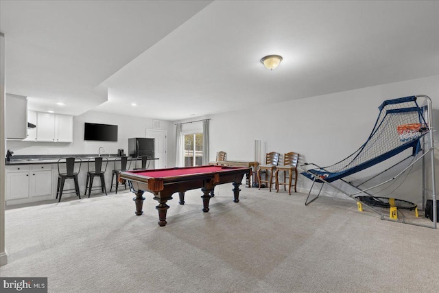 rec room with pool table, recessed lighting, and light colored carpet