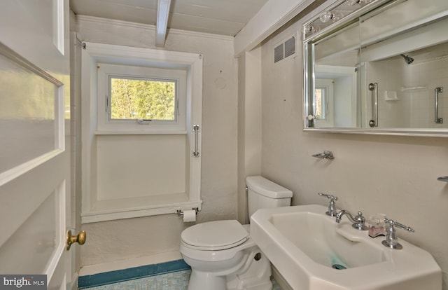 bathroom with toilet, sink, and a shower