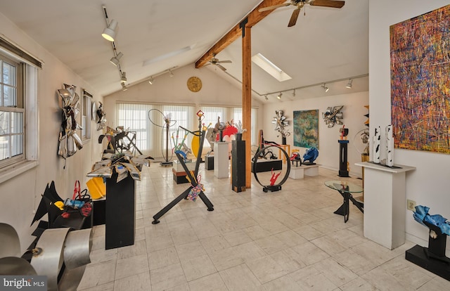 exercise room featuring track lighting and lofted ceiling with skylight