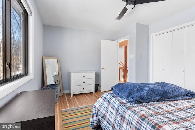 bedroom with ceiling fan, light hardwood / wood-style floors, and a closet