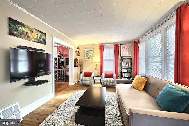 living room featuring crown molding and light wood-type flooring