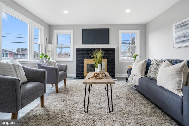 living room featuring hardwood / wood-style floors and a fireplace