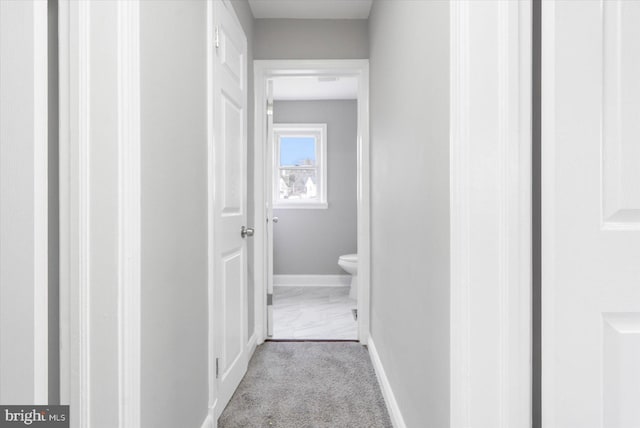 hall with light colored carpet