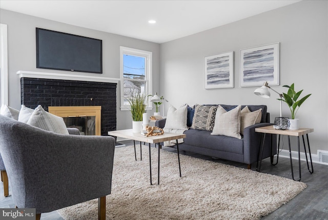 living room featuring wood-type flooring and a fireplace