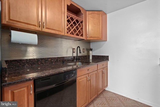 kitchen with dishwasher, sink, decorative backsplash, and dark stone counters