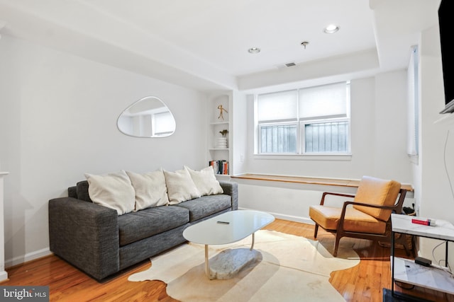 living room with a raised ceiling and wood-type flooring