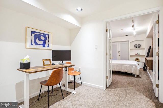 bedroom with track lighting and carpet floors