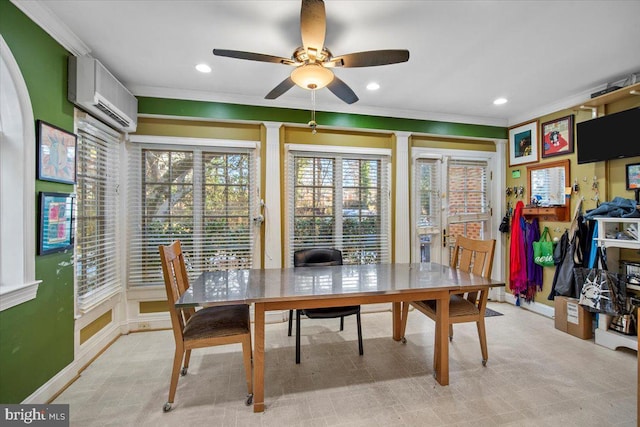 dining area featuring ceiling fan, ornamental molding, and a wall mounted AC