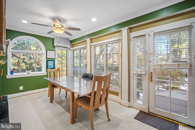 dining room featuring a wall mounted air conditioner, crown molding, and ceiling fan