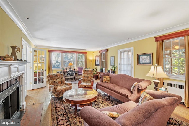 living room featuring radiator heating unit, ornamental molding, light hardwood / wood-style floors, and a healthy amount of sunlight