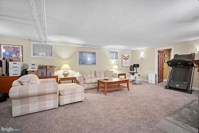 living room with carpet floors and a textured ceiling