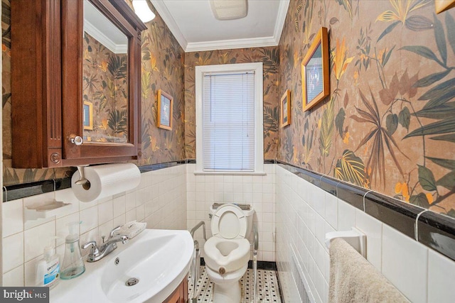 bathroom with ornamental molding, toilet, and sink