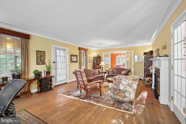 living room featuring hardwood / wood-style flooring and crown molding