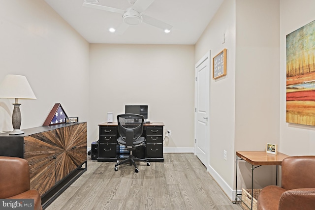 office area with ceiling fan and light wood-type flooring