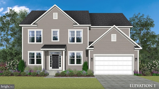 view of front of home featuring a garage and a front lawn